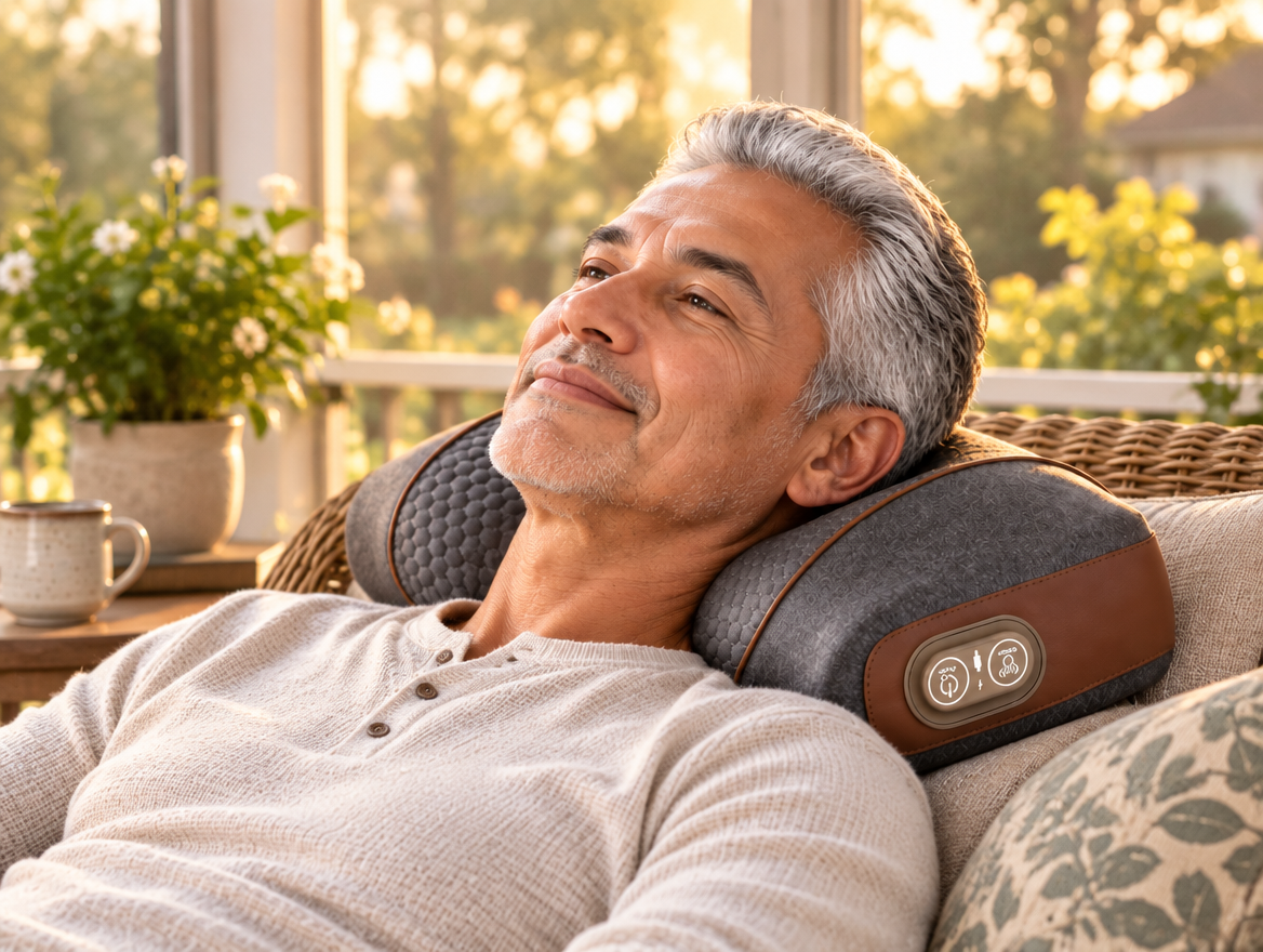 Mature man relaxing with SootheArc in a covered porch sunroom