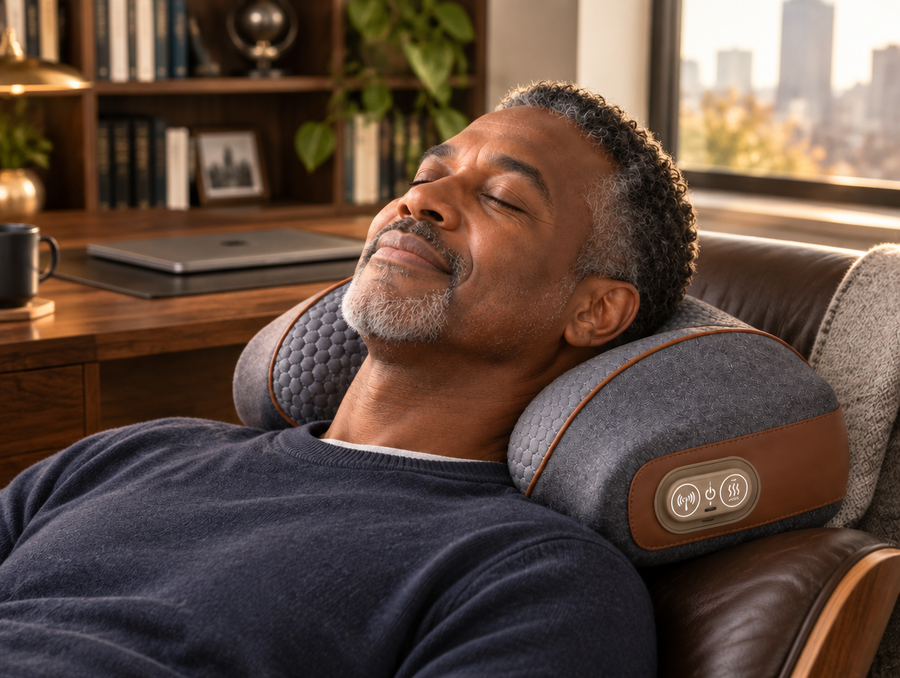 Man relaxing on the soft SootheArc comfort system in a sophisticated home office