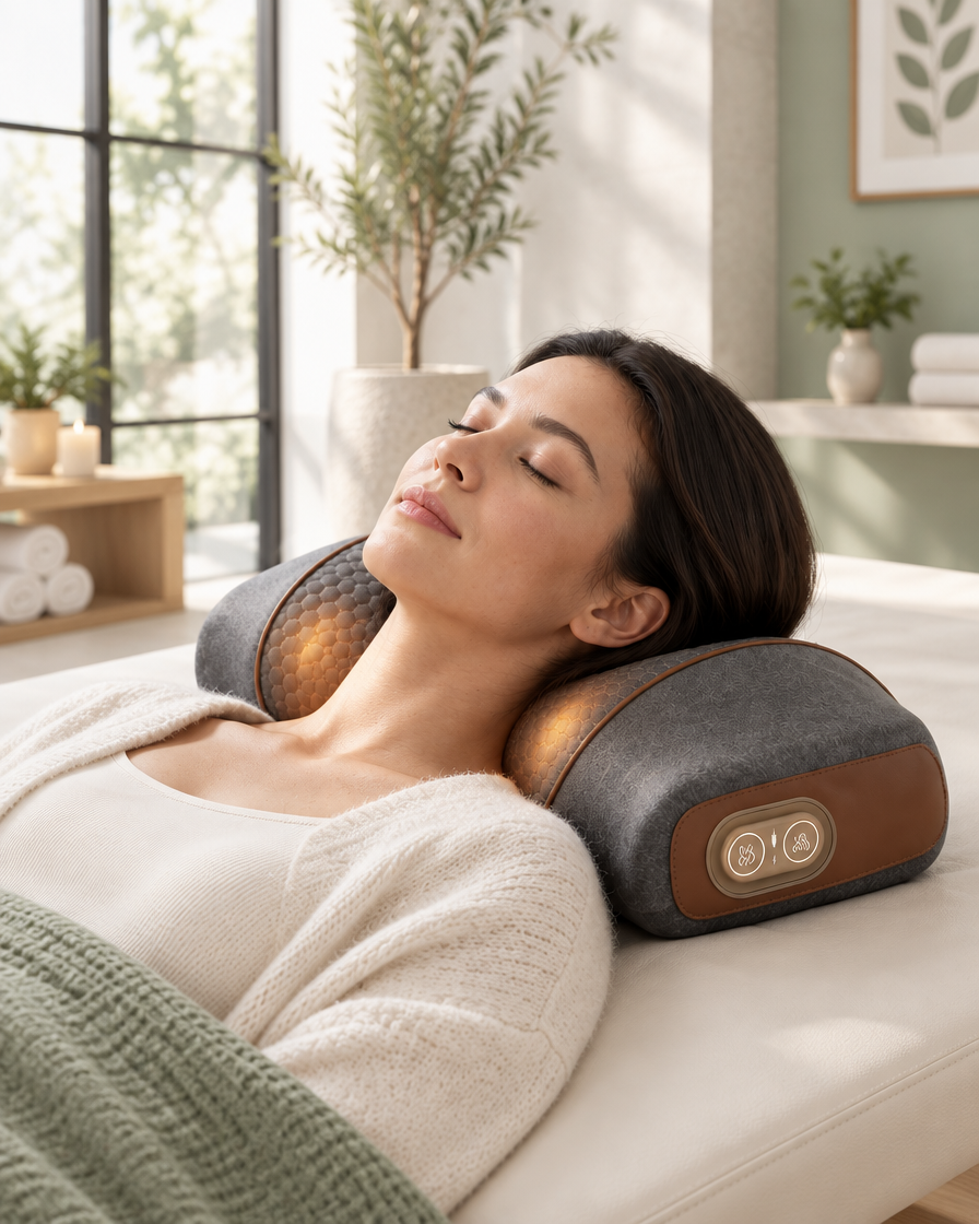 Woman using the SootheArc three-function comfort system in an airy wellness studio
